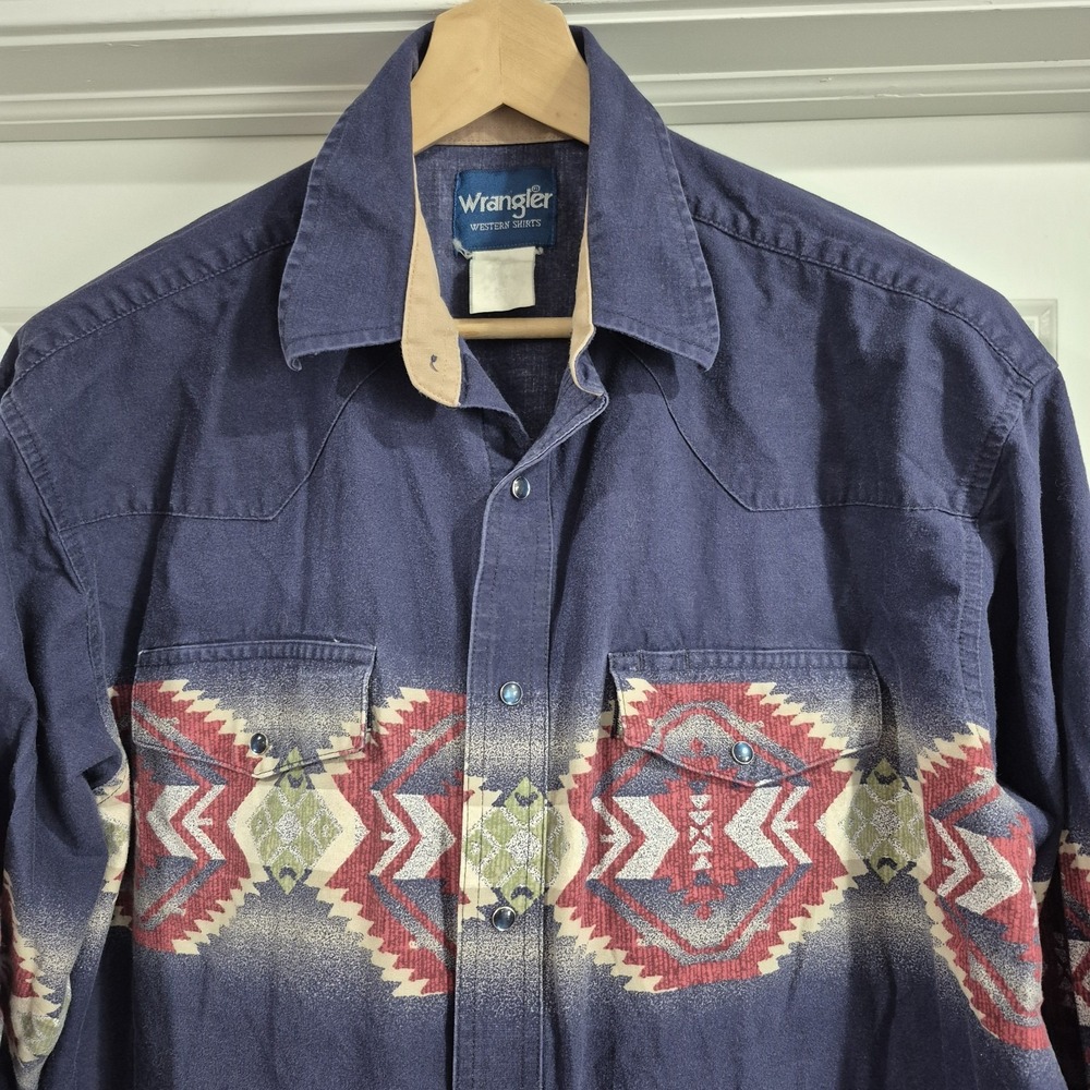Vintage Wrangler Shirt Mens XL Navy Pearl Snap Aztec Southwestern Navajo 90s - Picture 3 of 8